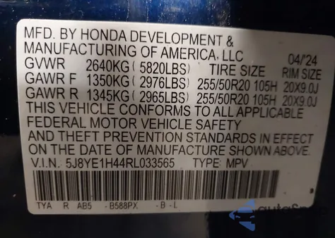 2024 Acura Mdx Technology Package from USA, damaged, VIN 5J8YE1H44RL033565